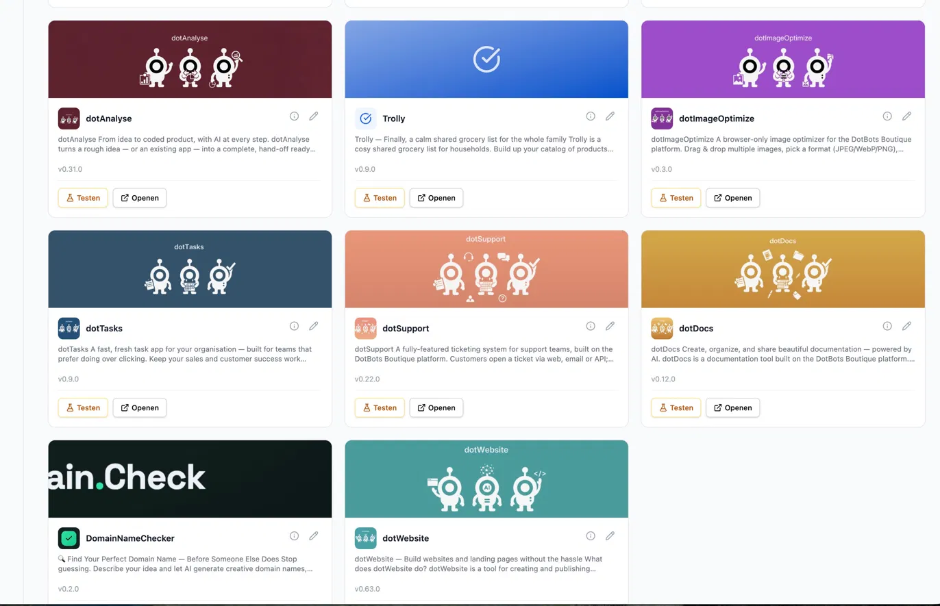 The DotBots Boutique with apps like dotAnalyse, Trolly, dotSupport and dotTasks
